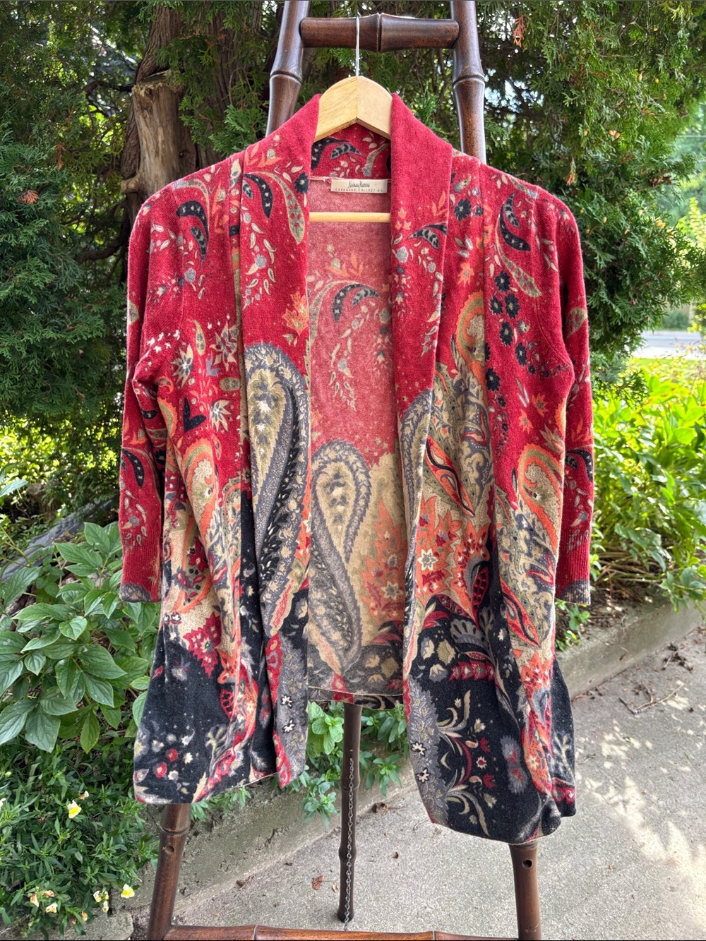 Neiman Marcus Cashmere Cardigan, Red Paisley Open-Front Cardigan Sweater